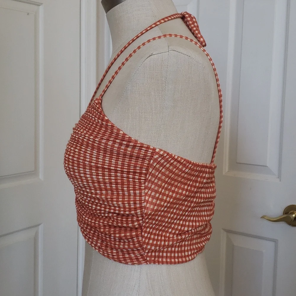 New ZARA Gingham Plaid Checked Cropped Halter Top Ruched Burnt Orange Medium - Picture 5 of 12